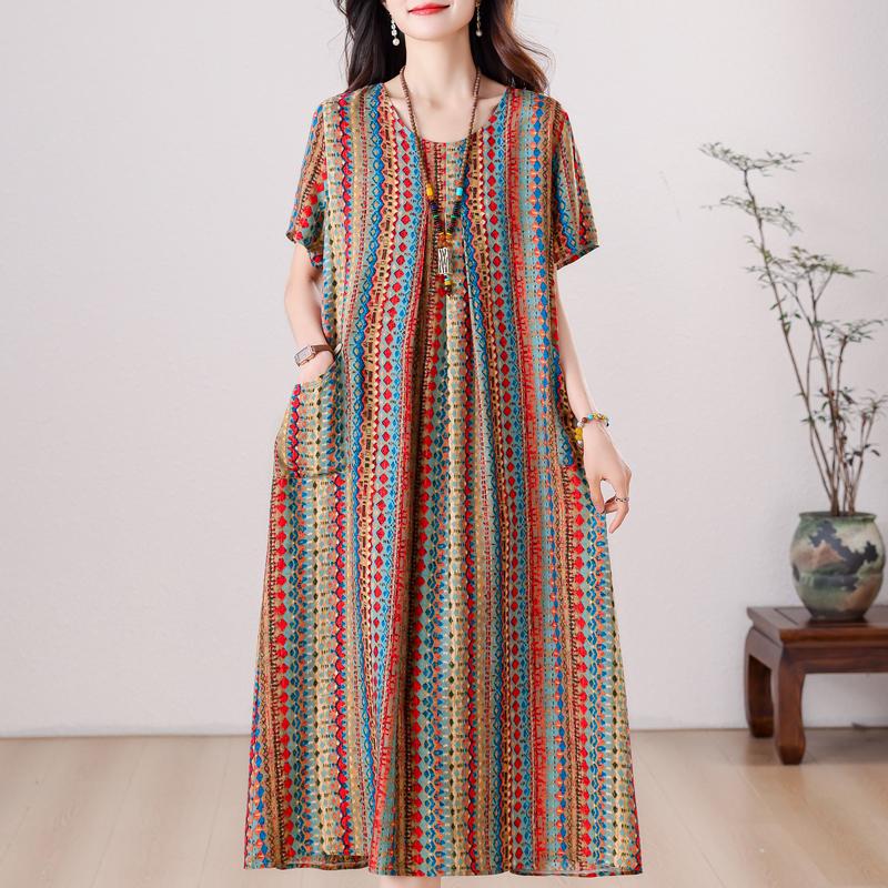 Übergröße, langes Sommerkleid mit Vintage-Druck für Damen, elegantes, kurzärmeliges, lockeres Sommerkleid in Übergröße