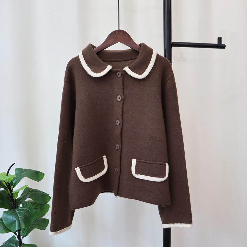 Autumn and Winter New Retro Contrasting Colors Hong Kong Flavor Knitted Cardigan Soft Waxy Design Temperament Loose Sweater Jacket Women