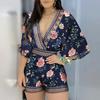 Deep V-Neck Lantern Half Sleeve Mid-Rise Women Jumpsuit Flower Printing Retro Trim Short Pants Romper Female Clothing