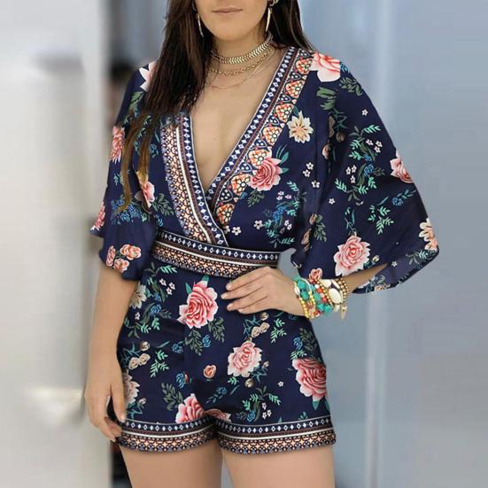 Deep V-Neck Lantern Half Sleeve Mid-Rise Women Jumpsuit Flower Printing Retro Trim Short Pants Romper Female Clothing