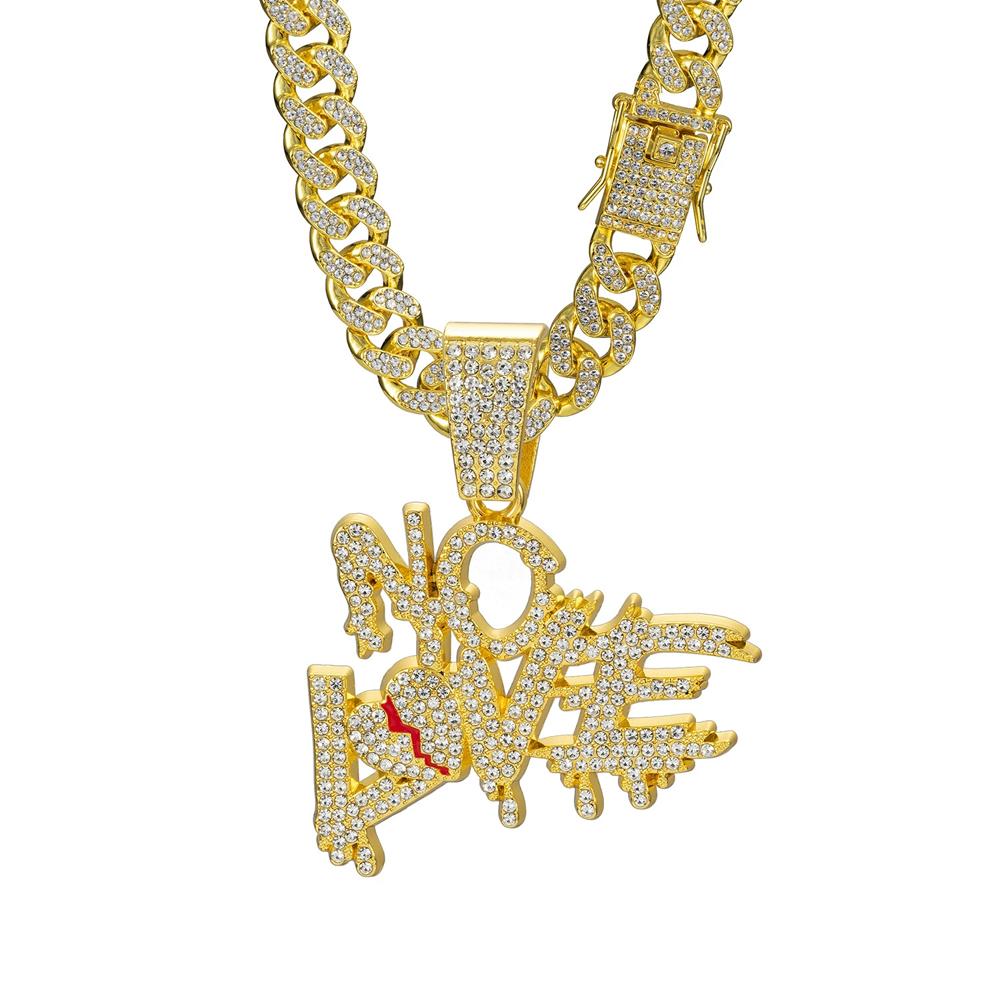 Men Women Hip Hop No Love Heart Letter Pendant Necklace with 13mm Cuban Chain Iced Out Bling Hiphop Necklaces Charm Jewelry Gift
