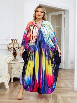 Plus Size Mehrfarbig bedrucktes Kaftan-Kleid für Frauen, Outfit, Boho-Urlaub, V-Ausschnitt, geteilte Robe, Sommer, Strandmode, Badeanzug, Vertuschung Q1588