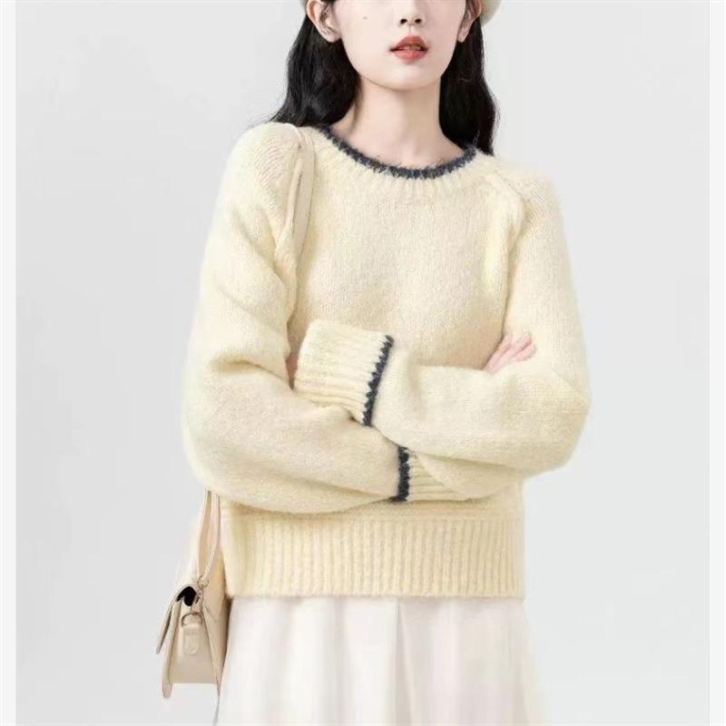 Sweater autumn wear crew neck contrasting color pullover knitted sweater women's autumn and winter new long-sleeved women's clothing top coat