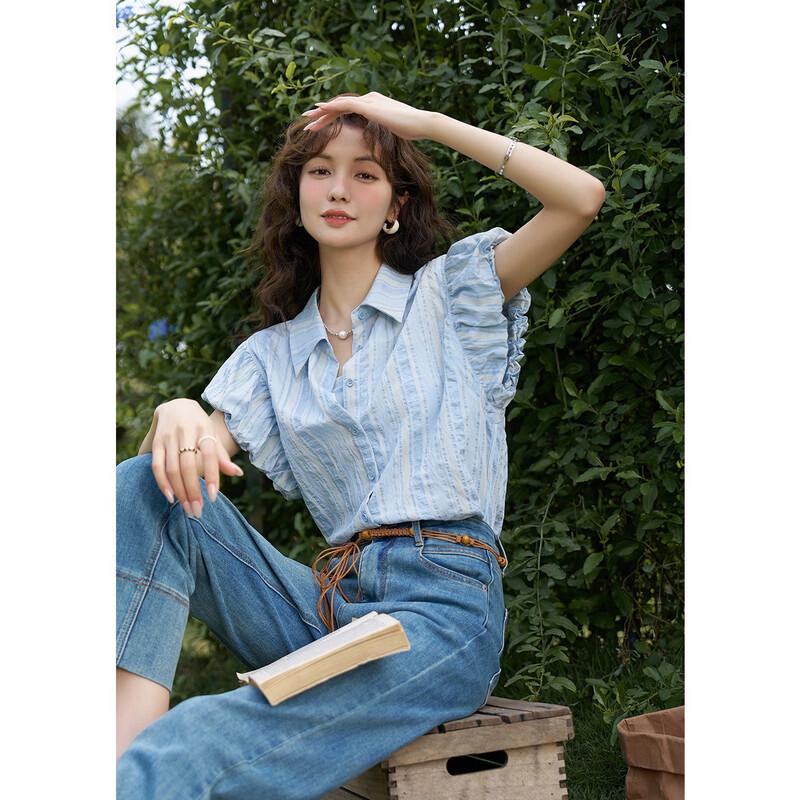 Women s Striped Puff Sleeve Short Sleeve Shirt L