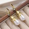 Women Vintage Golden Plated Flower Imitation Pearl Lily Pendant Earrings Inlaid Synthetic Zirconia Dangle Earrings Jewelry Craft