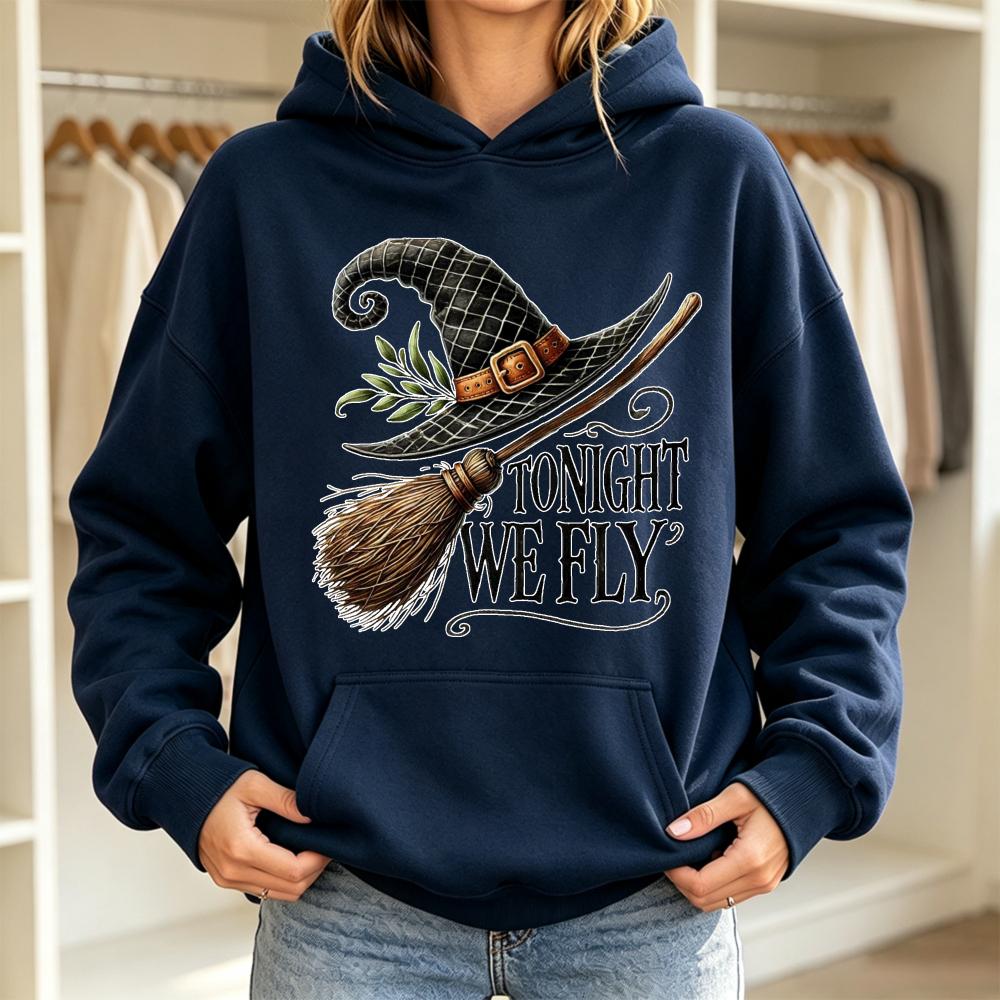 Tonight We Fly Witch Broom Hoodies Women Autumn Halloween Graphic Sweatshirt Loose Casual Long Sleeve Pullover Aesthetic Tops