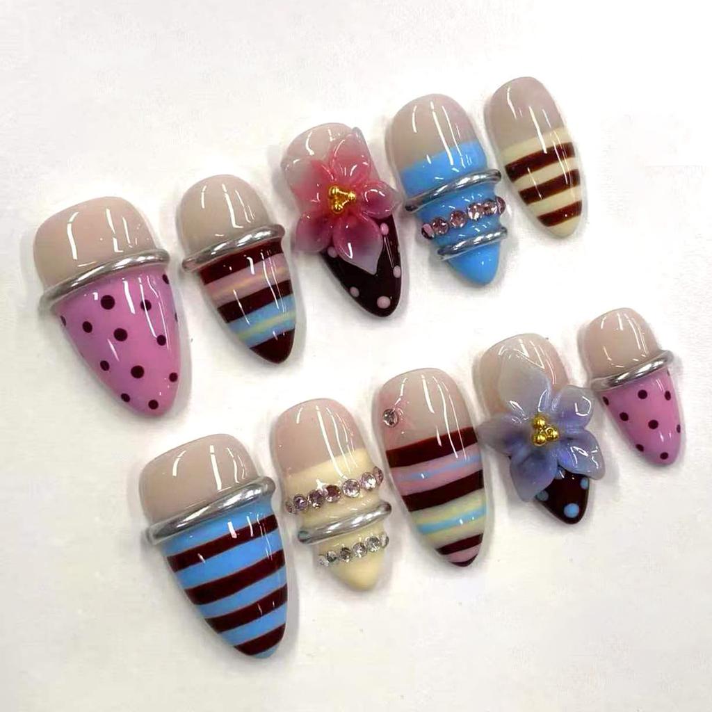 24PCS White Lace French False Nails Simple Black Polka Dots Almond 3D Pink Sweet Flowers Gold Designs Press on Nails Full Cover