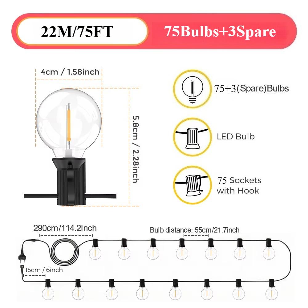 15M/9M LED G40 Globe String Lights Outdoor Plastic Waterproof Bulbs For Christmas Party Garden Decorative Garland Lamp