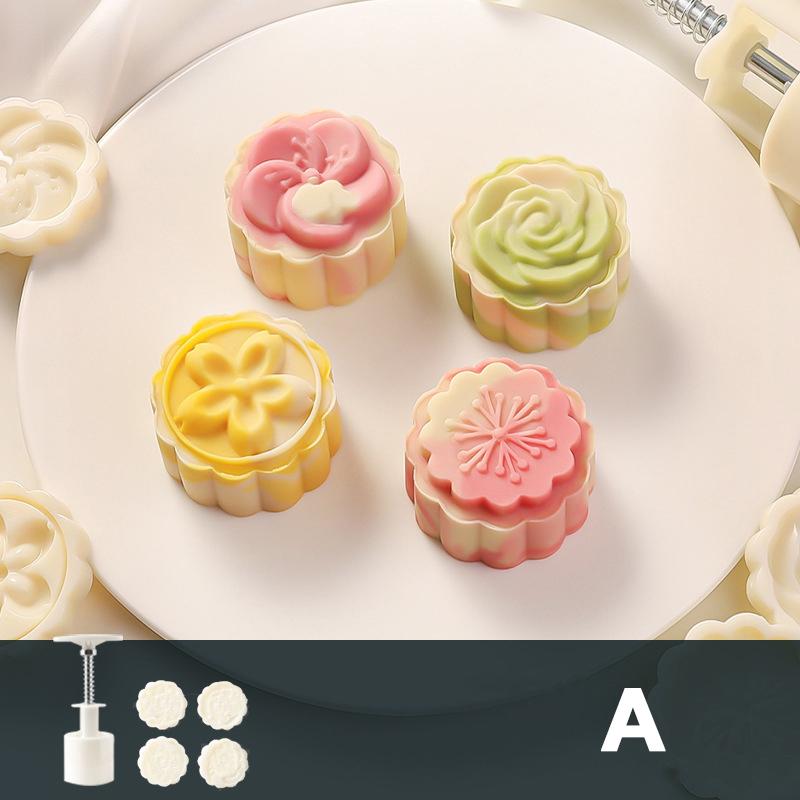 4Pcs Blossom Flower Mooncake Mold – Hand-Press Sakura/Cherry Stamps, Pastry Baking Tools