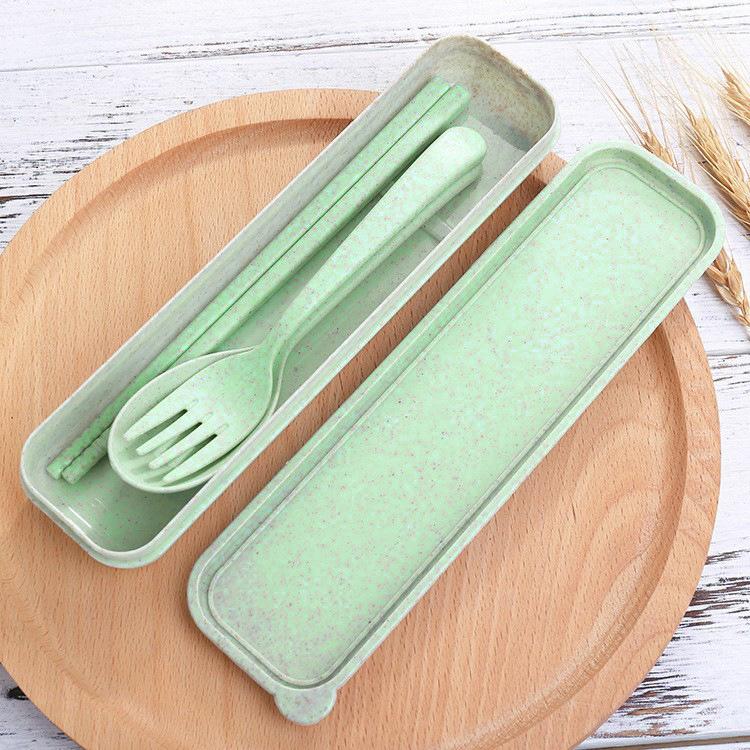 Tableware Student Outdoor Picnic School Minimalist Style Set Nordic Color Wheat Straw Fork Chopsticks Spoon Three in One Set