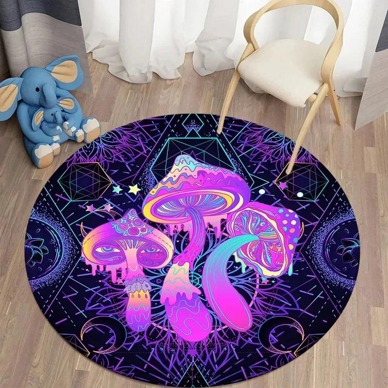 Vibrant Psychedelic Mushroom Pattern Round Bath Mat for Bathroom Decor Bohemian Hippie Style Area Rug