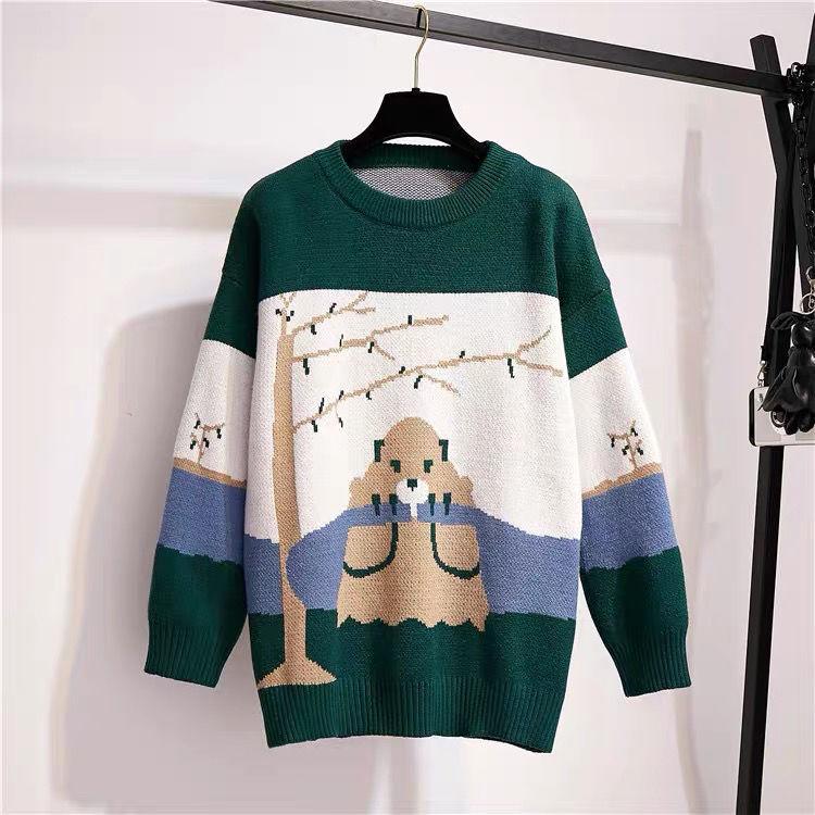 

WTEMPO Жаккардовый свитер с круглым вырезом и принтом медведя, свободный свитер большого размера для женщин в корейском стиле, трикотаж с длинными рукавами XL зелёный