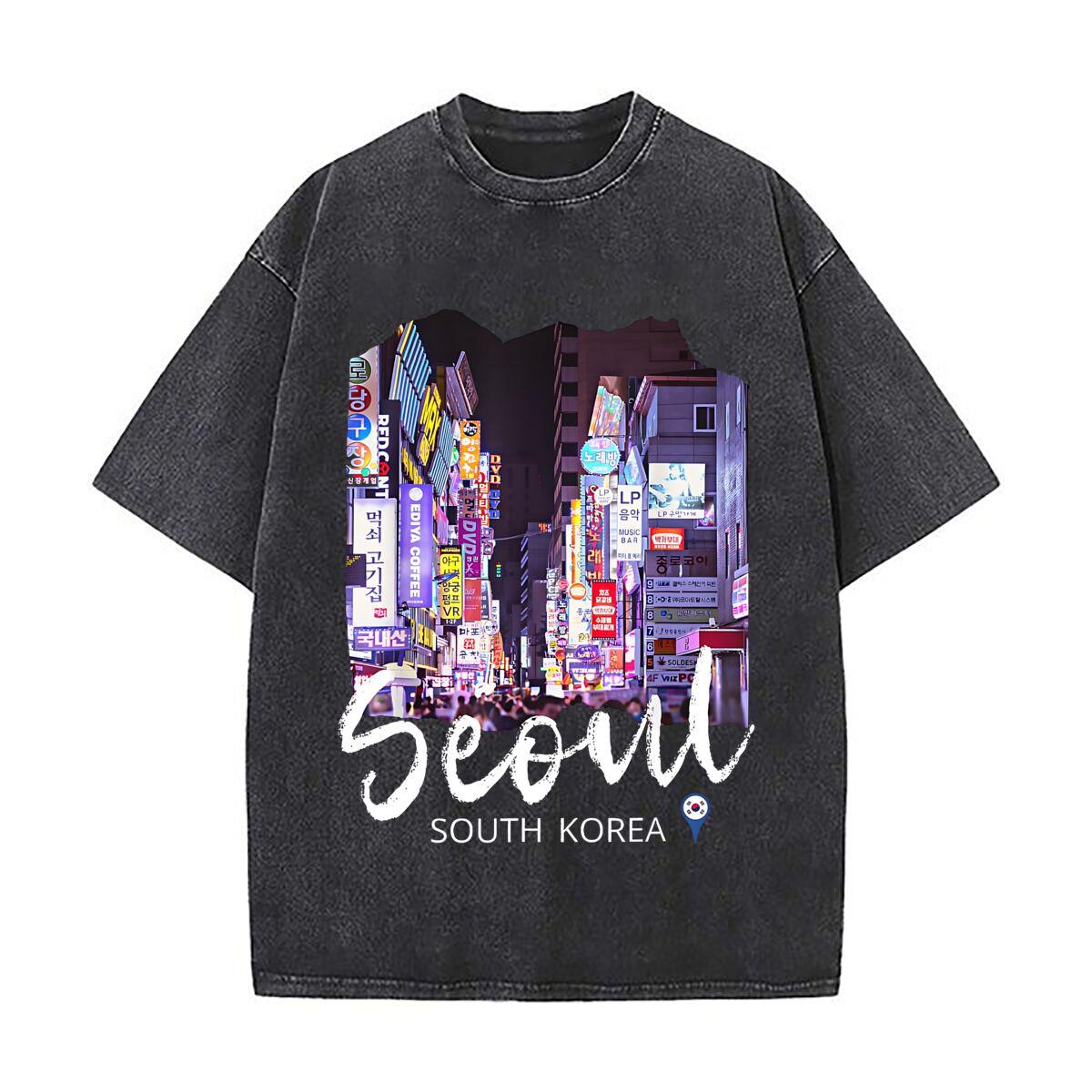 

Seoul City Tribute Art Vintage Distressed Washed Cotton Short Sleeve Streetwear Outfit S
