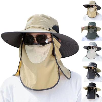 Men's Outdoor Sun Protection Hat Removable Face Cover Breathable Fishing Bucket Hat Wide Brim Labor Sunshade Cap for Hiking Camping