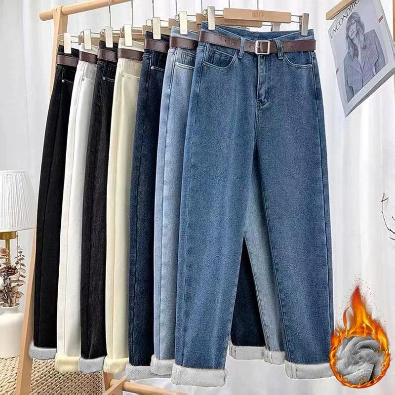 Women's Autumn Winter Thickened Warm Harun Pants Straight Leg Slim Women's Fashion Jeans Casual Pants