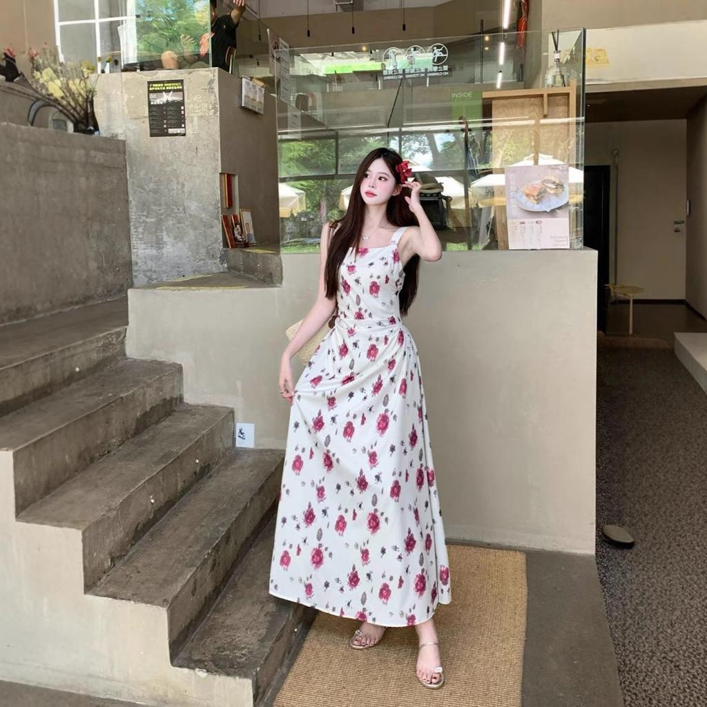 French Pure Desire Coffee Break Floral Suspender Dress Women's Summer Waist Super Fairy Seaside Vacation Temperament Long Dress Tide