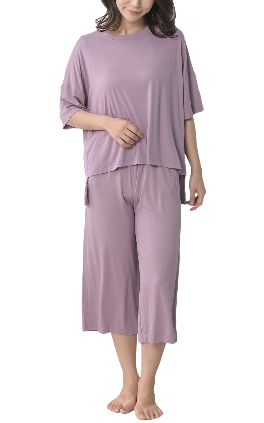 

JANJAM Комплект для дома больших размеров с чашками и дымчатый, размер L, женский комплект из двух предметов: футболка, брюки длиной 3/4, фиолетовый,