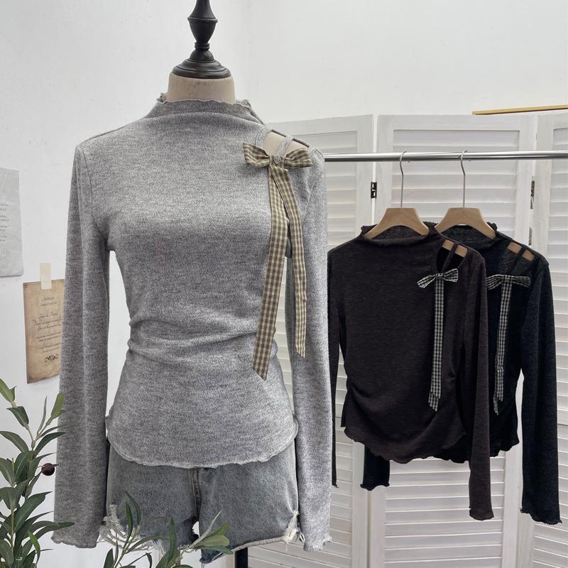 Korean Style Off-Shoulder Bow Slim Fit Long-Sleeve Women's Top