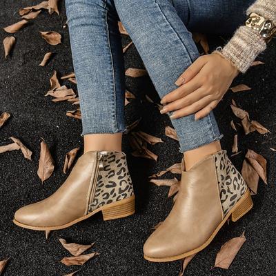 Fashion New Fashion Patchwork Leopard Ankle Boots Women Back Zipper Low Heels Short Boots Woman Autumn Pointed Toe Booties Plus Size
