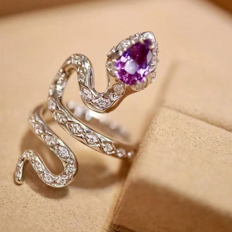 Snake Set With Natural Snake Ring, Purple Tooth Black Garnet Colored Crystal Snake-Shaped Personalized Female Ring.