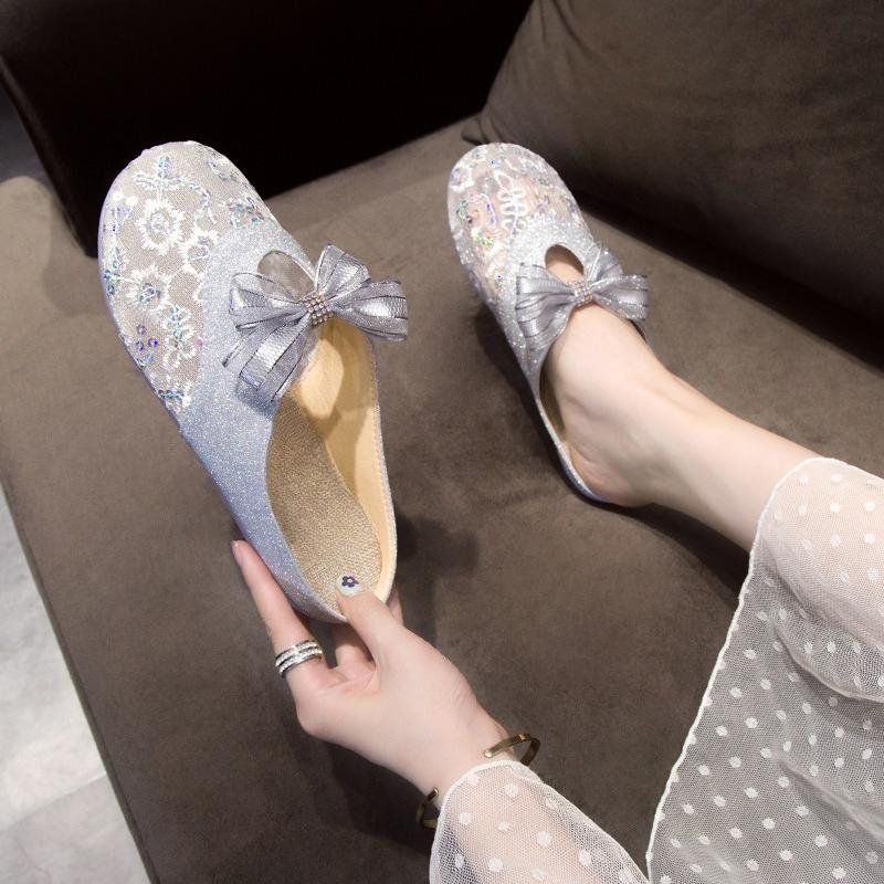 Fashion 2025 New Closed Toe Women's Slippers Fashion Sequins New Mesh Plus Size Summer Outdoor Soft Bottom Butterfly-knot Flat Slippers