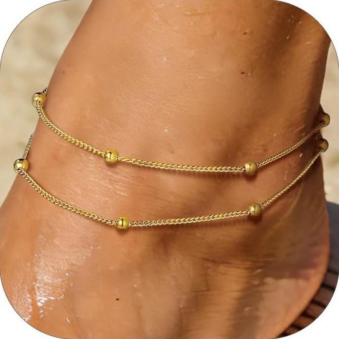 European-American Layered Embossed Round Pendant Anklet - Women's Double-Layer Beaded Chain Foot Jewelry for Summer Beach.