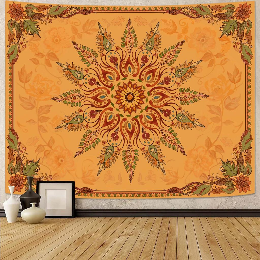 Bohemian Peacock Feather Mandala Tapestry, Colorful Floral Print with Starry Galaxy Background Large Wall Hanging for Bedroom
