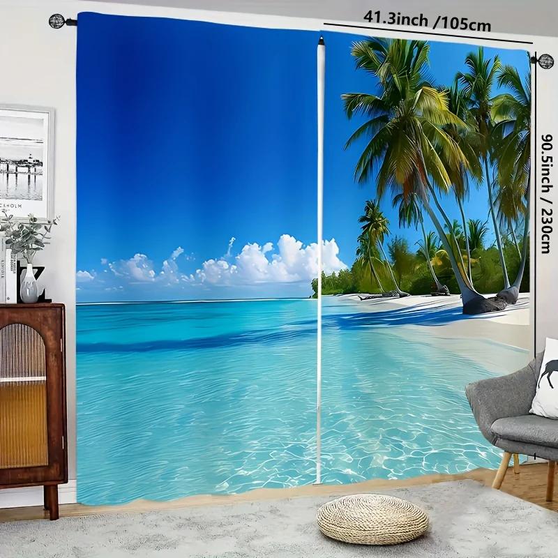 2 pieces of blue seaside view printed curtains, pole bag curtains, bedroom and living room, home decoration, room decoration