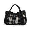 Women's Canvas and Genuine Leather Tote Bag Plaid Design Top Grain Cowhide Shoulder Handbag for Everyday Use Black and White