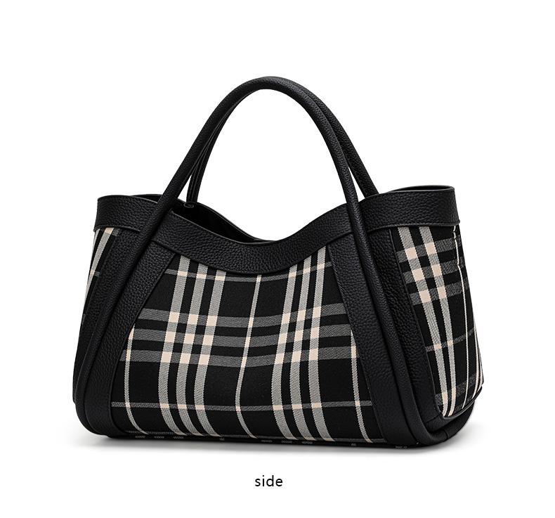 Women's Canvas and Genuine Leather Tote Bag Plaid Design Top Grain Cowhide Shoulder Handbag for Everyday Use Black and White