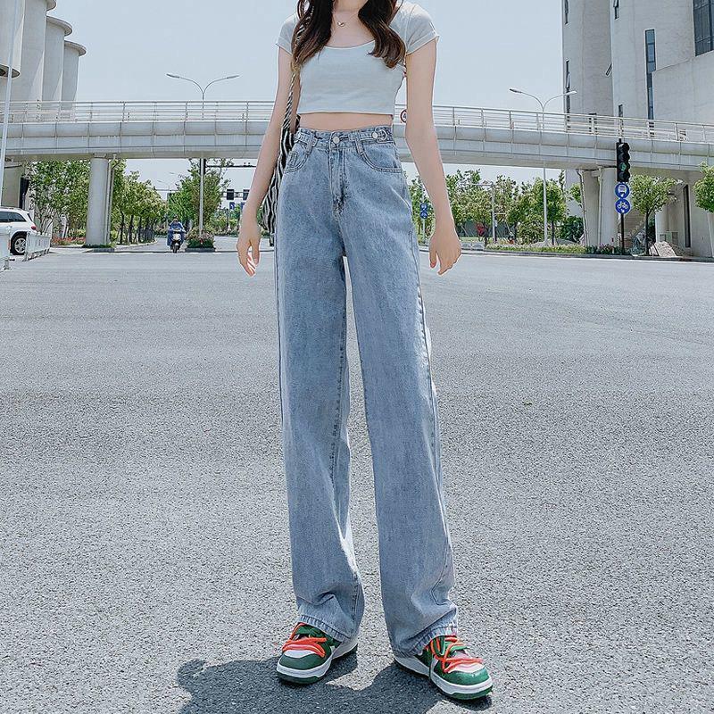 

Adjustable High Waist Wide Leg Denim Jeans for Women - Straight, Loose, Floor-Length, Summer 2025. L
