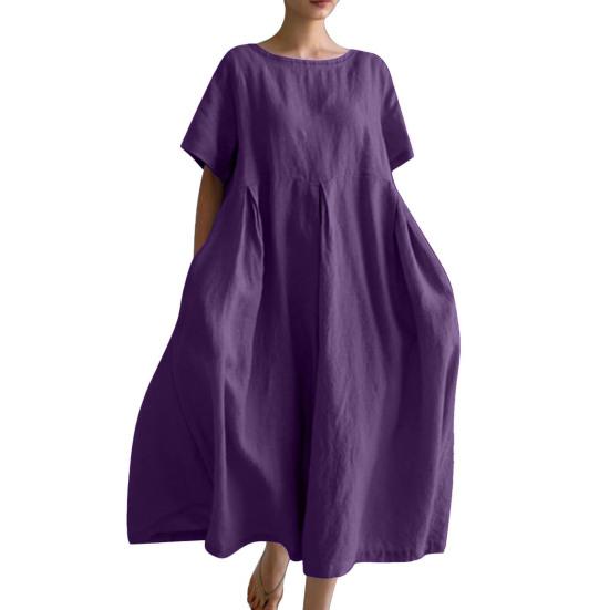 Summer Cotton Linen Dress for Women Short Sleeve Crew Neck A-linen Swing Dress Casual Loose Flowy Beach Sundress with Pockets
