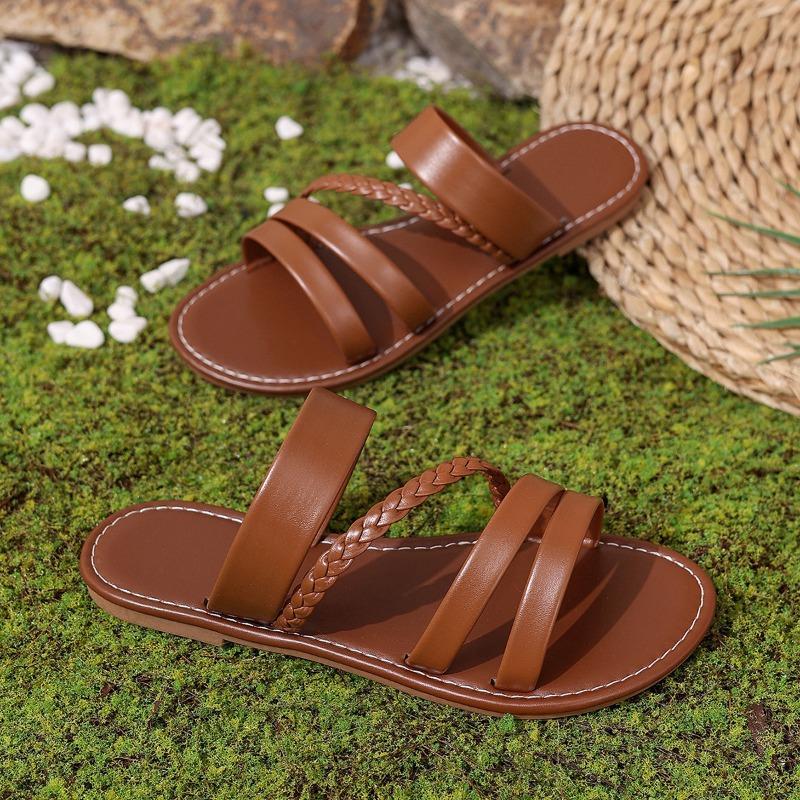 Women's Flat Slippers Women's Spring and Summer New Fashion Lightweight Solid Color Woven Beach Sandal Slippers