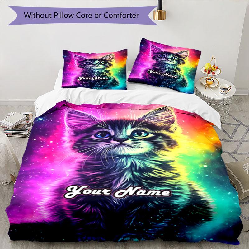 3PC Custom Name Cosmic Kitten Dreamscape Bedding Set Duvet Cover Closure Includes 1 Duvet Cover & 2 Pillowcases for Bedroom