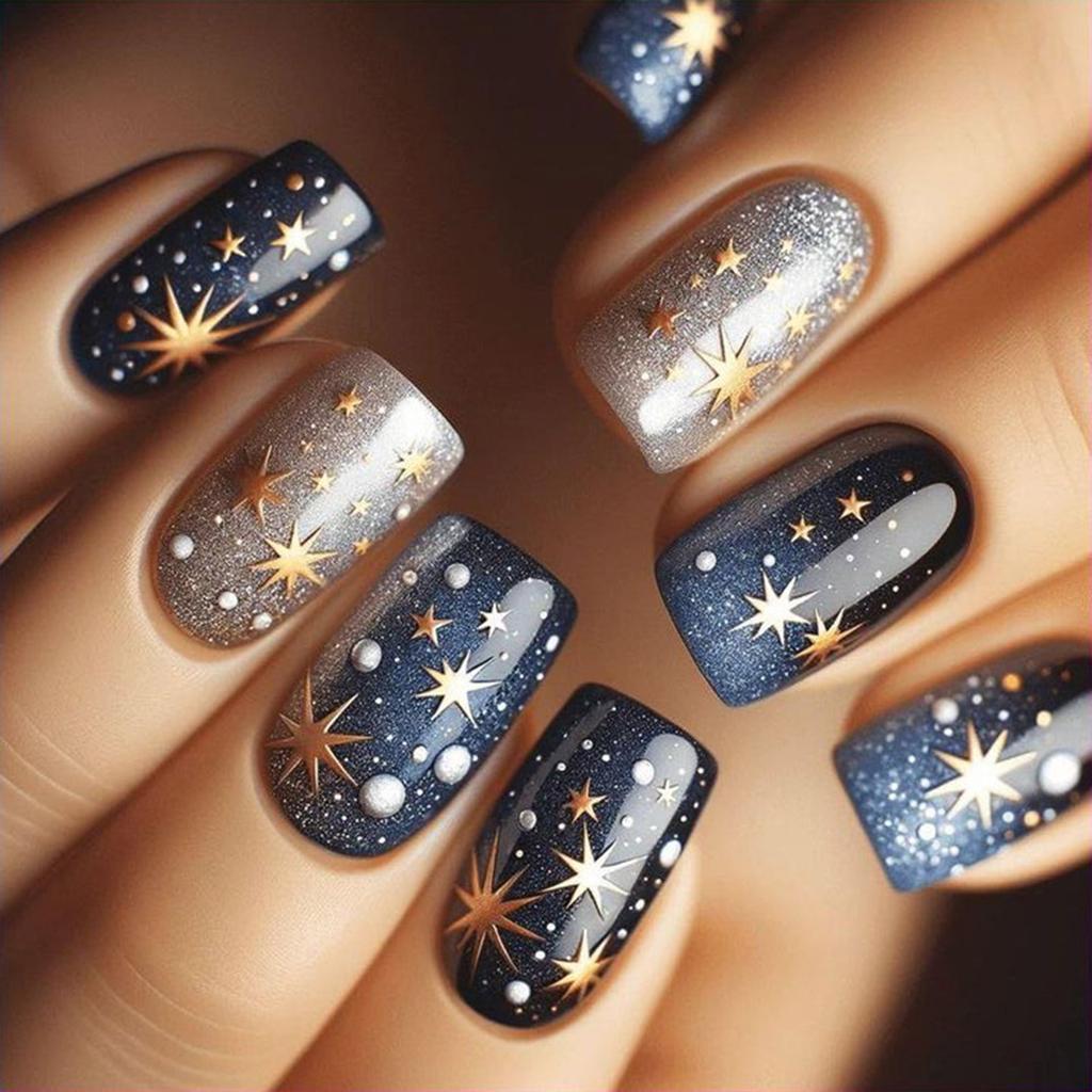 24 Buc. Unghii False Astrale Colorate Unghii Artificiale Sclipitoare Acoperire Completă Adezive Unghii Scurte Pătrate Presate