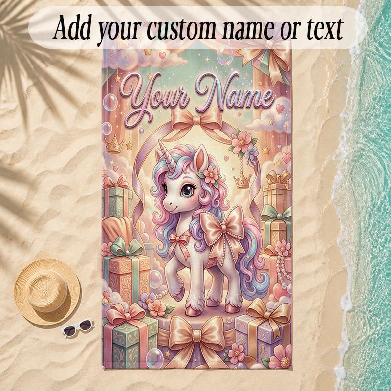 Unicorn Theme Soft Beach Towel Personalized Custom Name Text Towel Portable for Beach Pool Travel