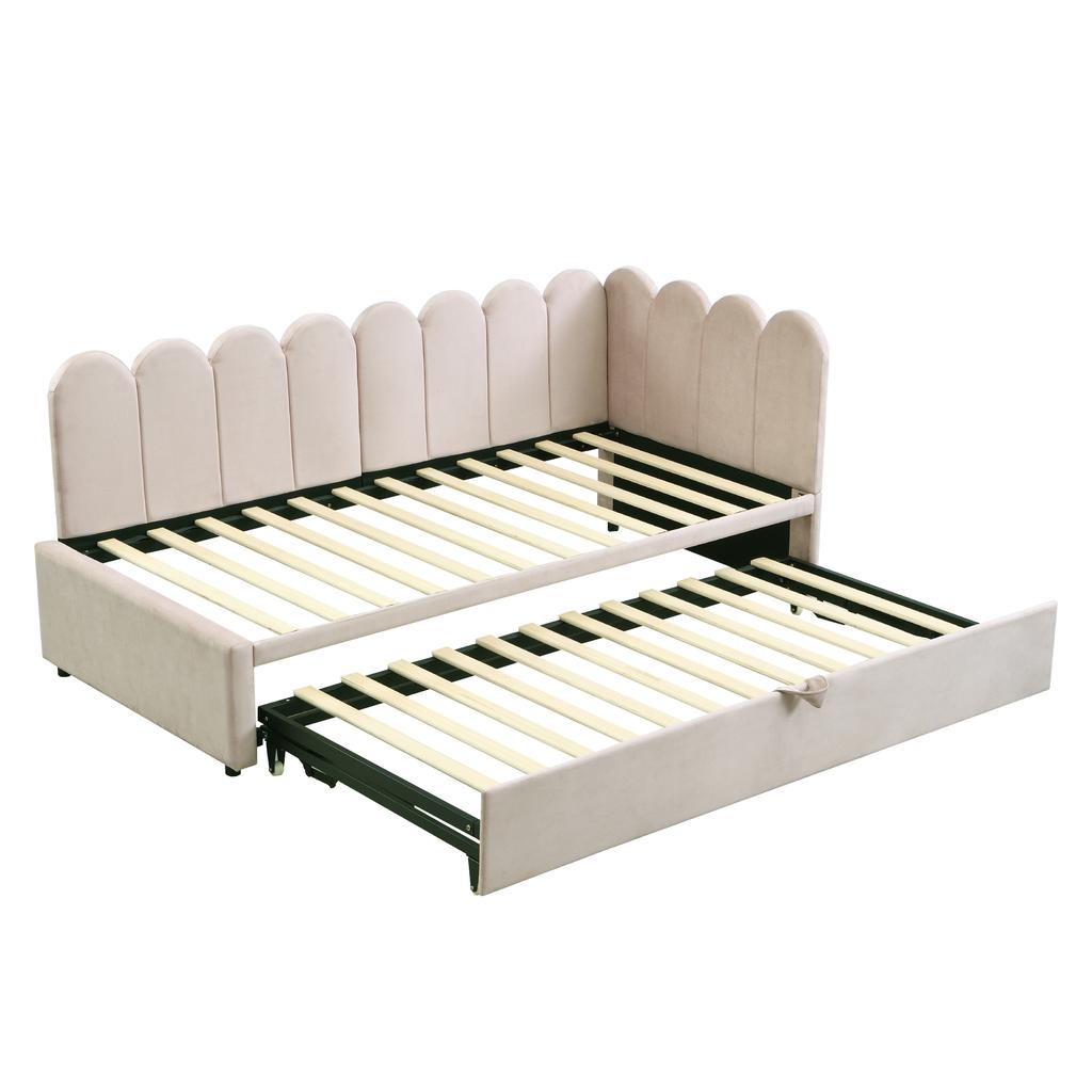 Canapé-lit Multifonctionnel 2-en-1 en L (90/180 x 200 cm), Lit rembourré en velours beige Gain de place Peut être utilisé comme lit d'enfant ou lit d'appoint.