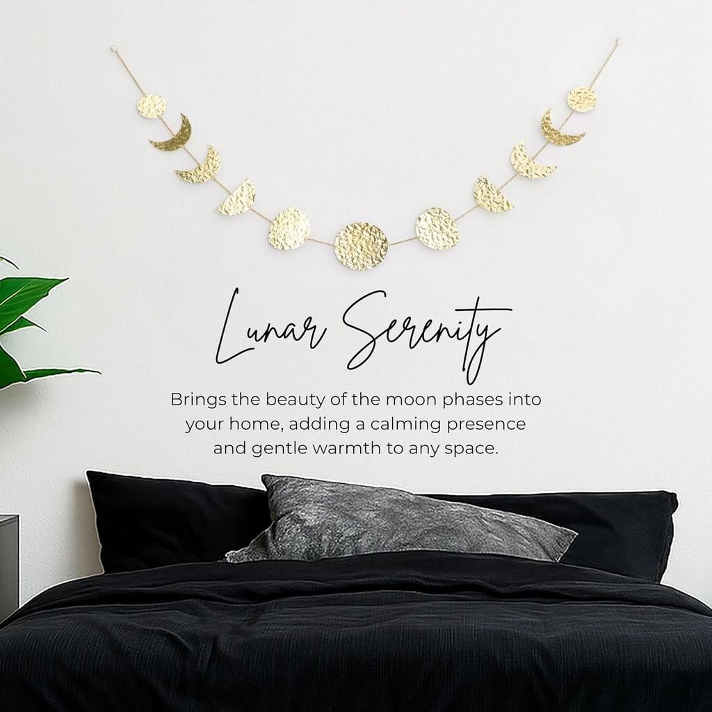 Moon & Crafts Boho Moon Phase Wall Hanging 50” Gold Brass Garland, 15 Handmade Hammered Moons, Celestial Wall Decor for Bedroom, Living Room &