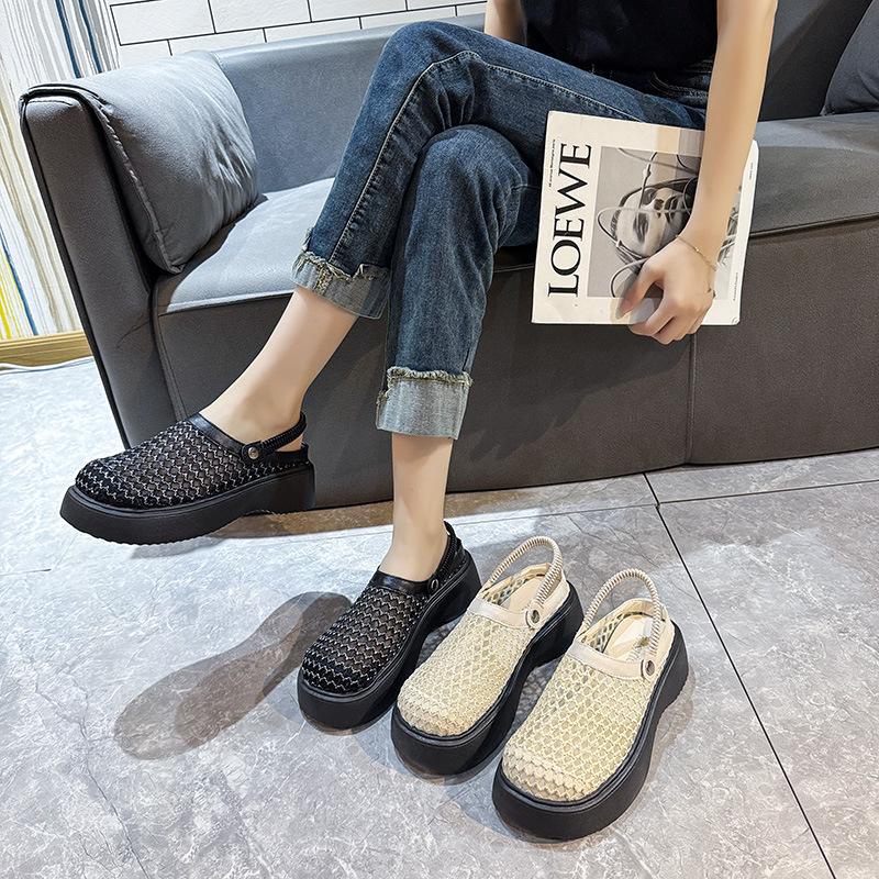 Half Slippers Woven Two Wear Cool Slippers 2025 Summer New Thick Sole Heightened Hollow Breathable Bag Head Sandals Women's Shoes