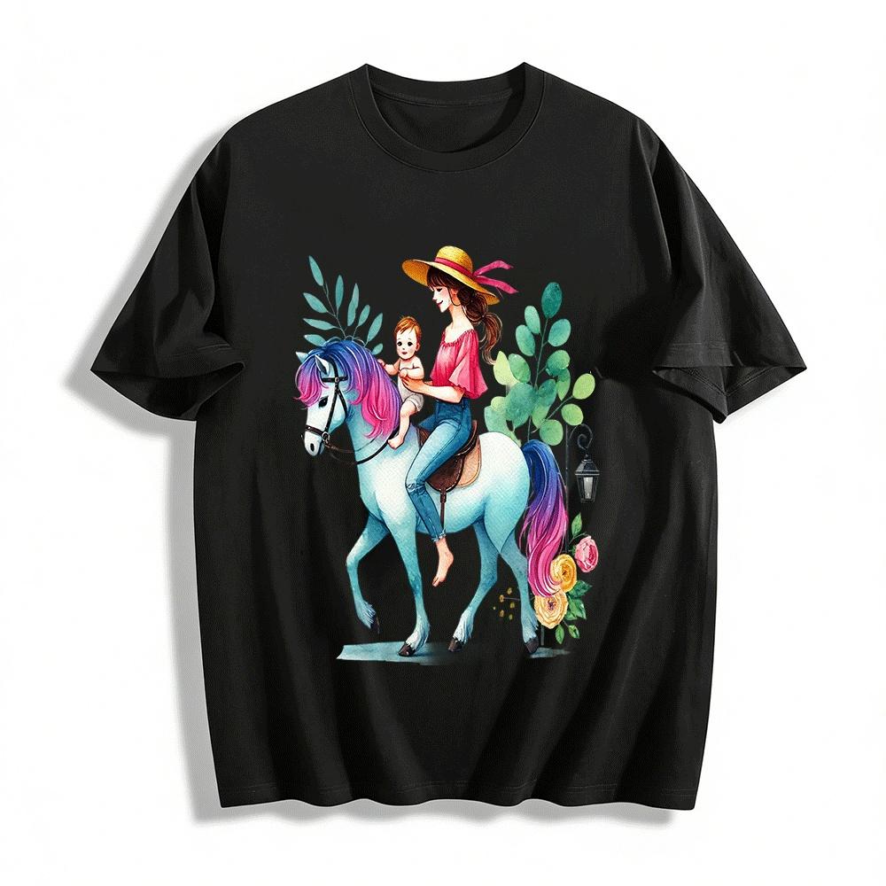 Watercolor Mother And Baby Horse Riding Print Casual Top Pure cotton T-shirt XXS