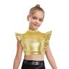 Kids Dance Shirt Metallic Mock Neck Mesh Patchwork Rhinestone Ruffle Crop Top with Press Buttons