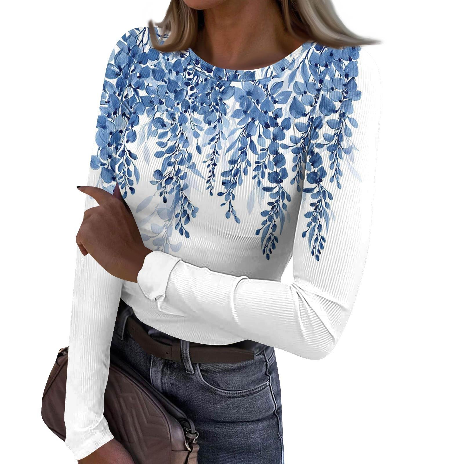 

Женская и зимняя футболка с тонким низом, модная повседневная футболка с градиентным принтом и круглым вырезом, пуловер с длинным рукавом XL