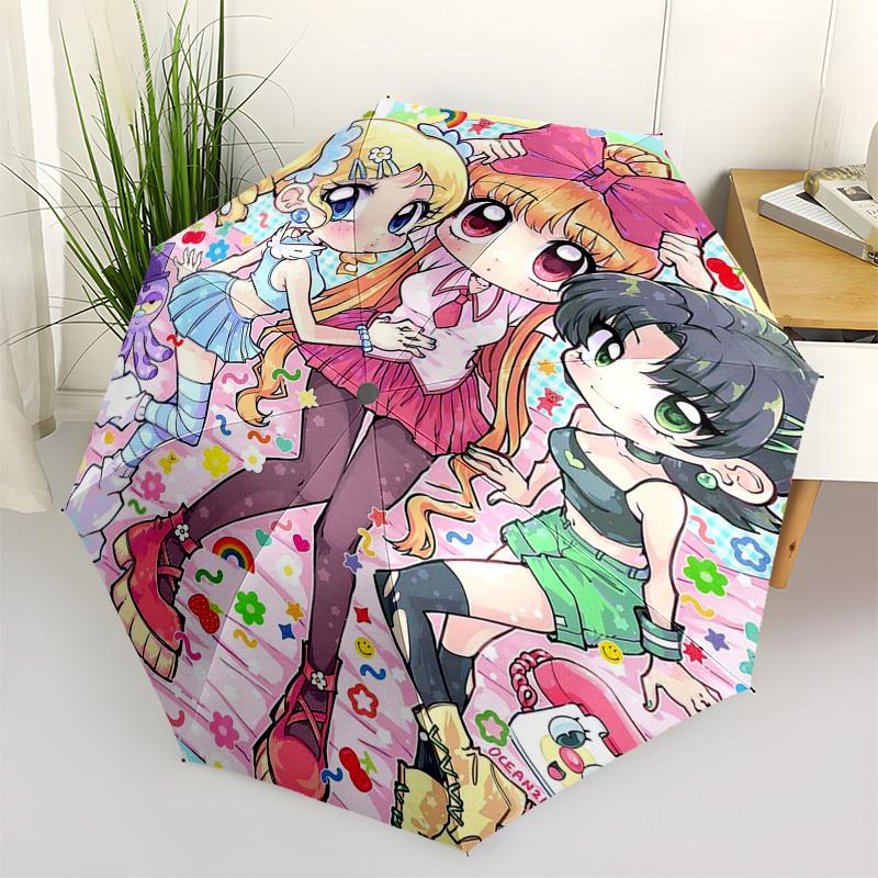 1pc Chibi Characters Automatic Opening/Closing Outdoor Umbrella with Rainbow, Hearts, Flowers, and Cute Design - Perfect for Fans, Travel, Daily