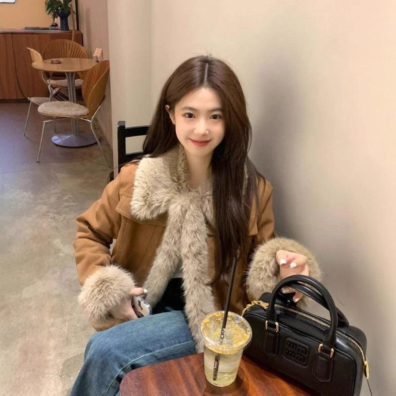 Maillard retro plush jacket women's winter fashion new thickened denim splicing cotton-padded clothes