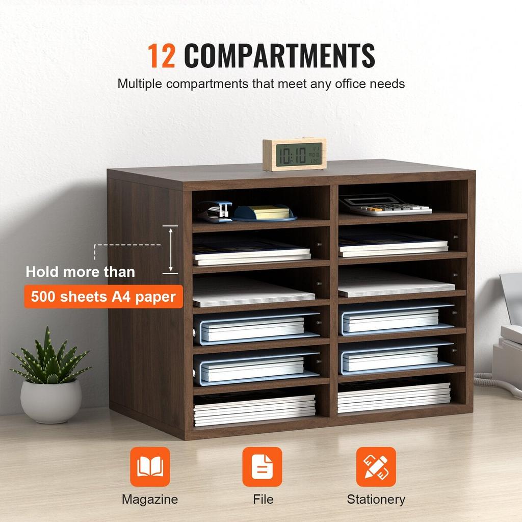 Literature Organizers, 12 Compartments Office Mailbox with Adjustable Shelves, Wood Literature Sorter 20.4x12x16.1 inches for Office, Home, Classroom,