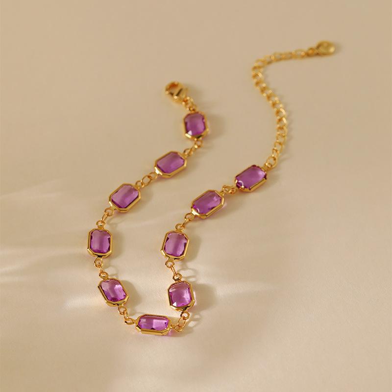 Gold Plated Amethyst Color Rectangle CZ Link Bracelet With Extension Chain