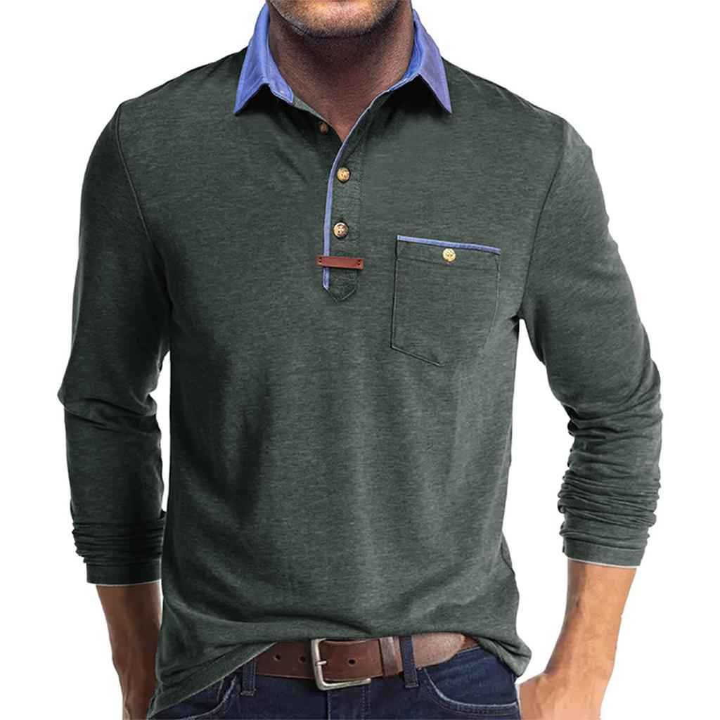 Herren Frühlings- und Farb-T-Shirt mit Kragen 3 Knöpfe Offene Knopfleiste Knöpfe Langärmliges Oberteil