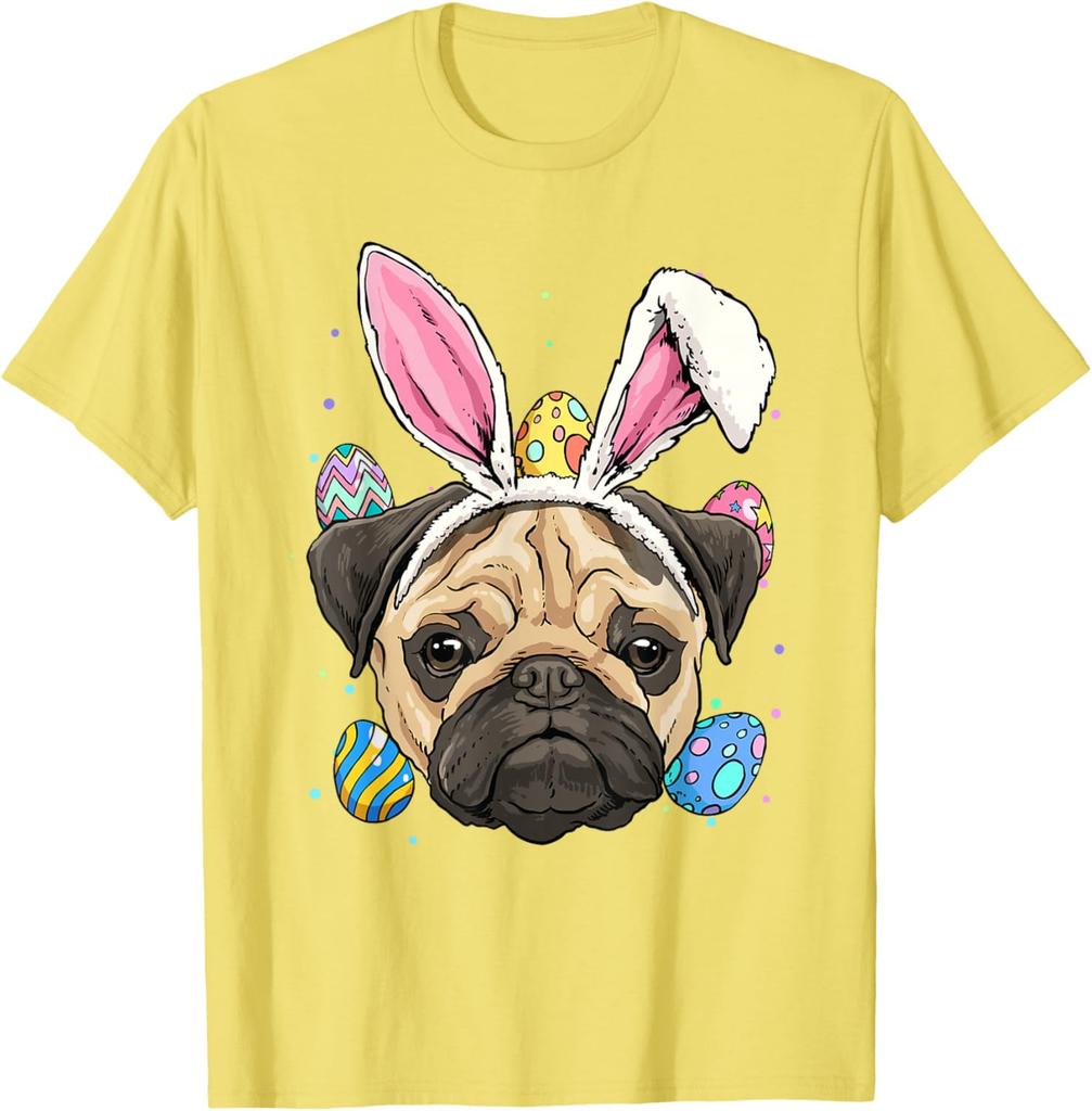Mops Osterhase T-Shirt Niedlicher Hund mit Hasenohren Grafik-T-Shirt Frühlingsfeiertagsgeschenk