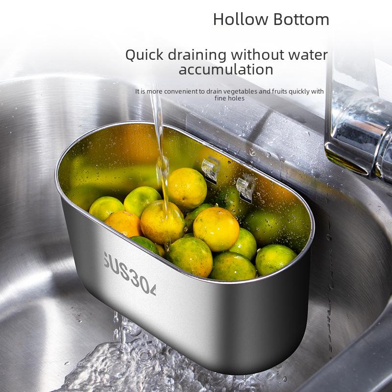 New 304 Stainless Steel Multi-Function Sink Drain Basket with Filter & Hanging Rack