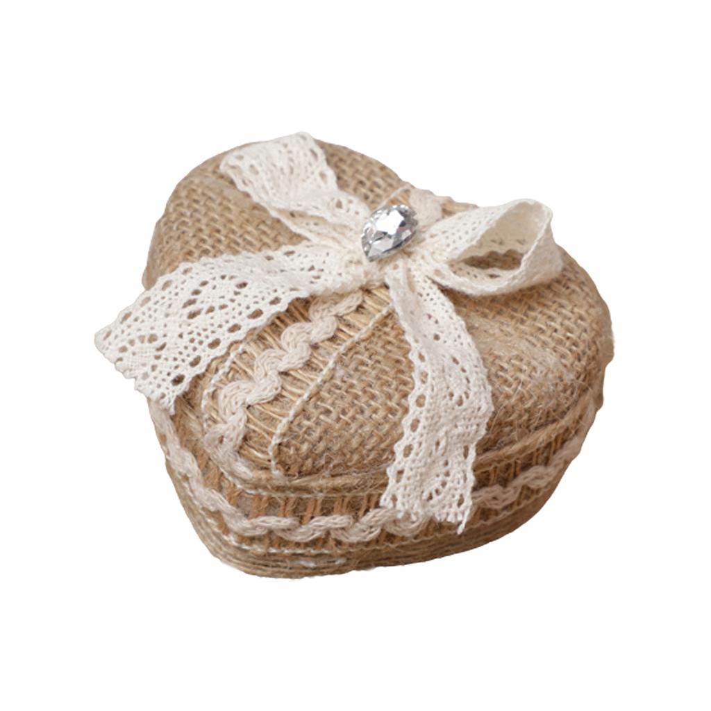 Heart-shape Linen Ring Box Jewelry Case Valentine's Day Vintage Country Wed Pastoral Ceremony Natural Ring Setting Storage Box